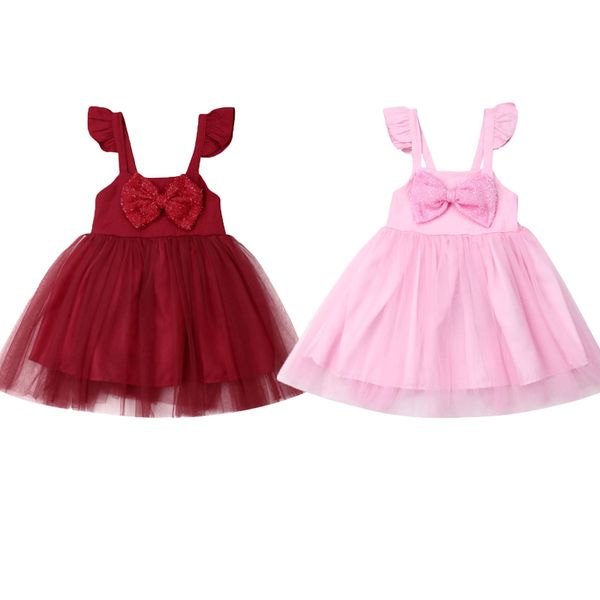 

1-6y toddler kid baby girl bow dress ruffles sleeve lace tulle party bridesmaid pageant dresses, Red;yellow