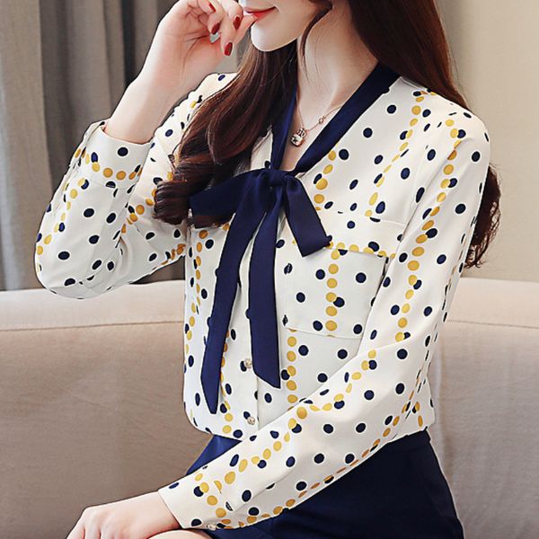 

women's fashion and blouses stitch print chiffon blouse long sleeve shirt women v-neck shirts blouse office women, White