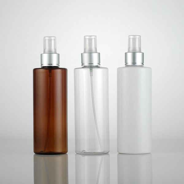 30 Stück 250 ml weiße, leere, runde silberne Sprühpumpenflaschen aus Kunststoff, kosmetische Verpackungsflasche, kosmetische Make-up-Sprühflasche