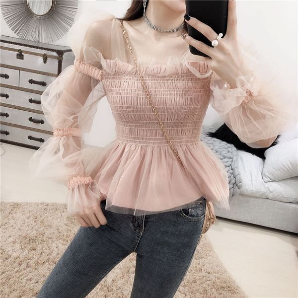 

brand designer women party blouse 2019 summer high street fashion lady off shoulder long sleeve gauze cocktail transparent shirts, White