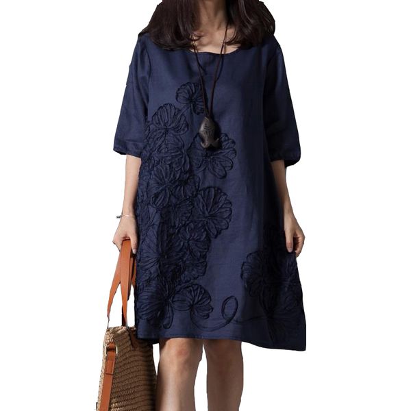 

vestido casual 2016 summer style women dress o-neck loose plus size embroidered linen dress elegant short sleeves women clothing, Black;gray