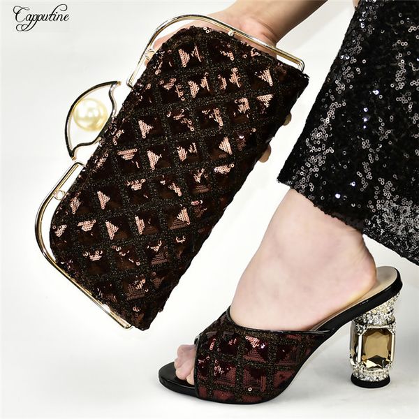 

party set african high heel shoes and bag set with sequins 398-1 coffee, heel height .5cm, Black