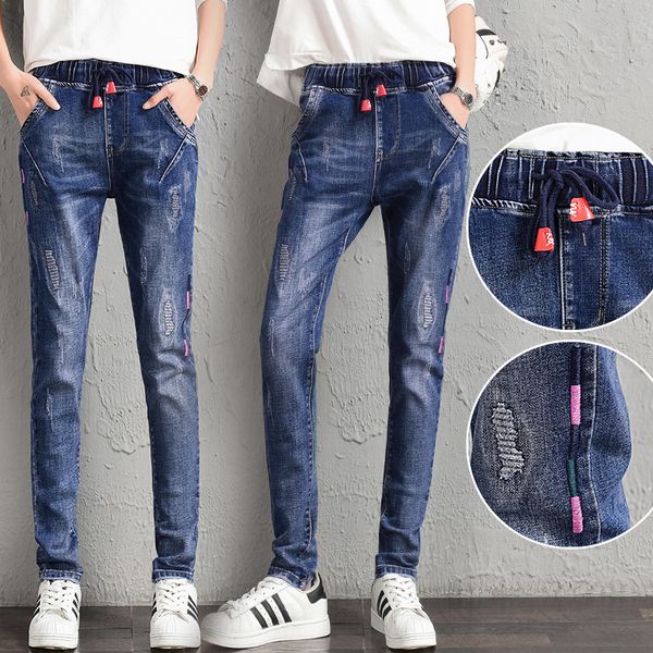 

2019 loose tight waist tie with jeans women's high waist large size loose casual harlan pants embroidered small foot pants, Blue