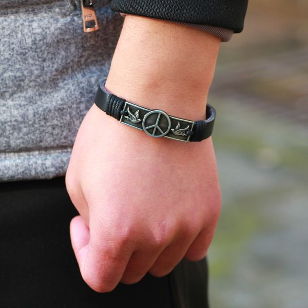 

leather bracelet european and american ancient bronze leather bracelet and symbol men's is on sale, White