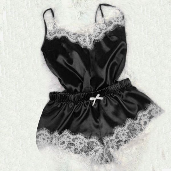 

женщины моды кружево v шея пижама set lingerie рукава ночного спагетти ремень vest + короткие брюки спящих wear, Black;red