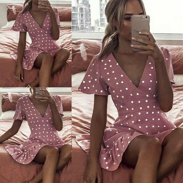

women summer v-neck polka dot short sleeve mini dress ladies boho beach floral holiday pink dresses, Black;gray