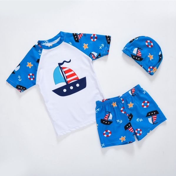 

kids boy swimsuits toddler boys dinosaur swimming trunks hat 3 pcs sets sunscreen children swimwears kids swim clothes yw3255q, Blue