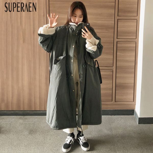 

superaen korean style warm parkas coat winter new 2019 stand collar drawstring women parkas coat fashion casual women clothing, Black
