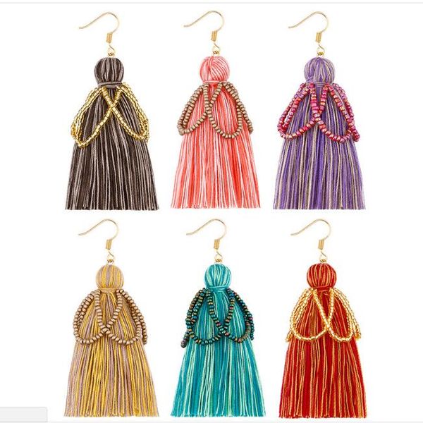 

fashion bohemian cotton thread tassel beads anti allergy dangle chandelier earrings united states jewelry for sale, Silver