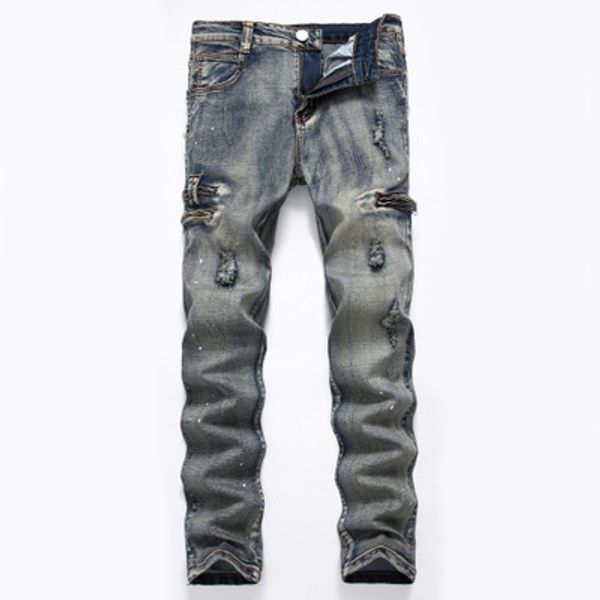 

new fashionable men's stretch jeans a variety of colors zipper slim print light grey style trousers avant-garde sale, Blue