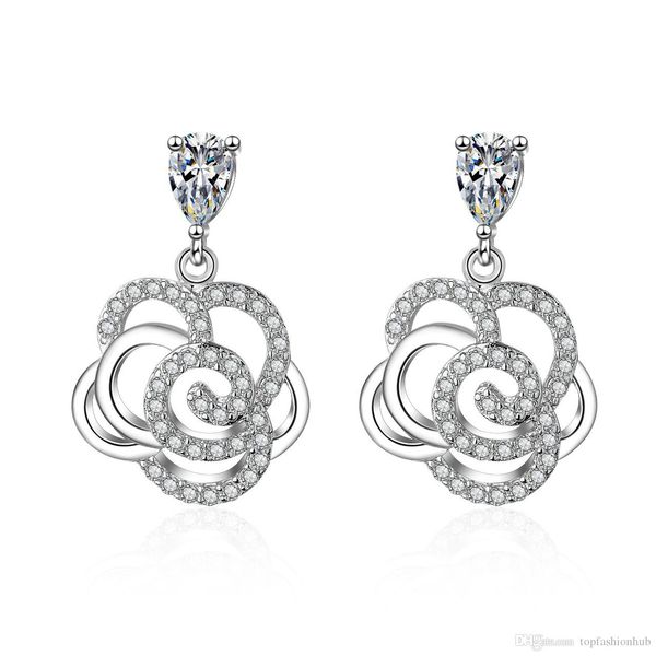 

925 sterling silver needle full zircon camellia earrings flower water droplets micro-inlaid zircon earrings women's earrings
