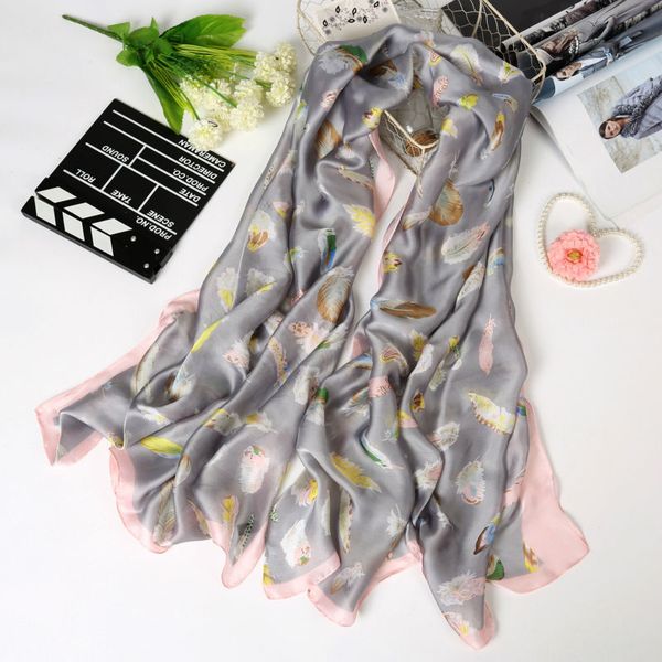 

зрительных осей] 28-го августа чисто шелковые шарфы женщин продолговатые печатать красочные перья натурального шелка платок хиджаб шарф, Blue;gray