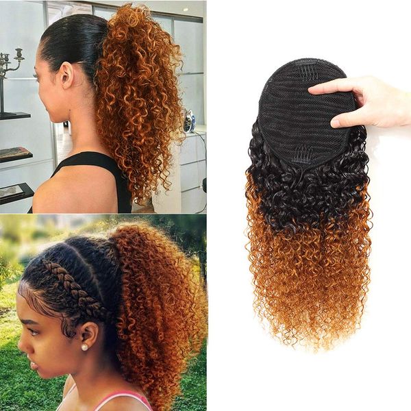 

ombre 1b/30 curly pony tail remy human hair ponytail extension drawstring ponytail hair piece with clips magic paste binding pony tail, Black