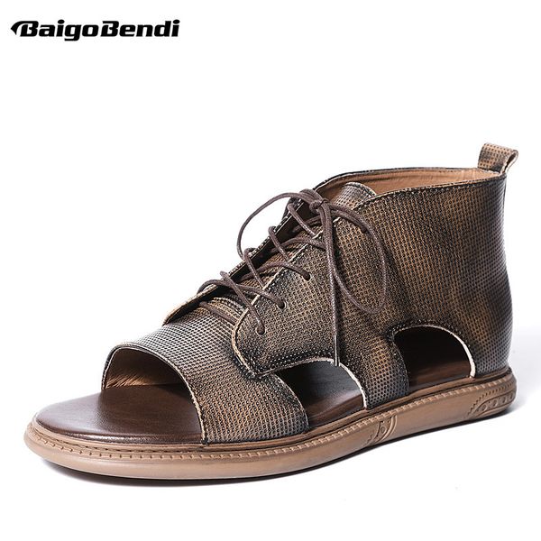 

full grain leather men's retro lace up rome sandals business man soft cutout summer casual outdoor shoes trendy, Black