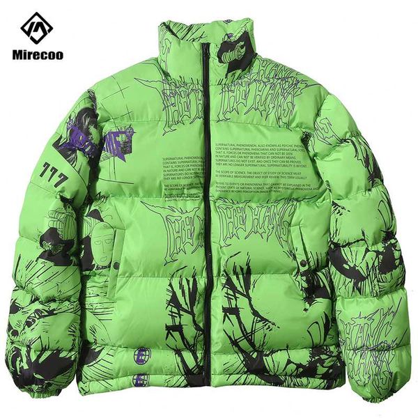 

parka down jacket japanese cartoon graffiti print men winter padded jacket windbreaker streetwear harajuku coat hip hop outwear, Black