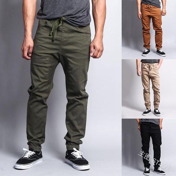 

jogger trousers mens ankle banded cargo pants casual solid color loose drawstring pencil pants mens casual, Black
