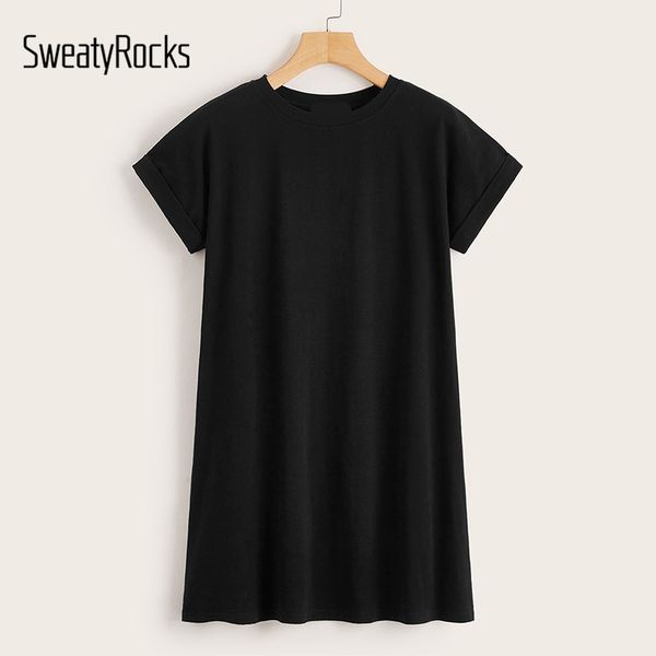 

sweatyrocks black roll up cuff tee dress women solid leisure short tshirt dresses 2019 summer casual basics mini dress, Black;gray