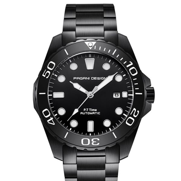 

46mm pagani design black dial luminous pointer date men's watch black stainless steel men's casual automatic mechanical watch, Slivery;brown