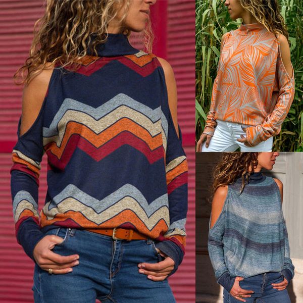 

wipalo women plus size spring autumn turtleneck striped pullover bare shoulder long sleeve geometric print knit sweatshirts, Black