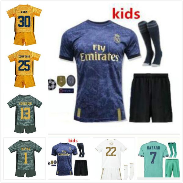 

2019 дети kit звезды четвертый реал футбол трикотажных изделий # 23 опасности # 9 бензема 19/20 boy футбол рубашки детский набор заказной фу, Black;yellow