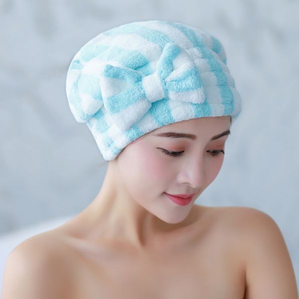 

elastic hair drying cap with bow thickening coral fleece super absorbent hair wrap towel shower hat for curly long & thick