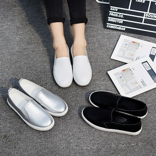 

spring white shoes women casual shoes loafers solid color black sliver slip-on flats women students leather back