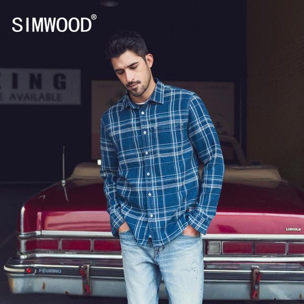 

men's casual shirts simwood 2021 spring summer 100% cotton plaid men denim fashion check plus size brand clothing sj130154, White;black