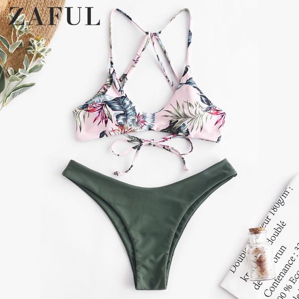 

zaful бикини женщин цветочного strappy mix match bikini set мягких бретельки провод free swim suit strappy купальники купальный костюм, White