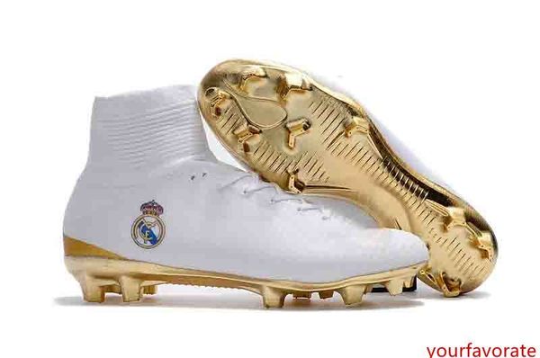 

100% original white gold real madrid soccer cleats mercurial superfly fg soccer shoes