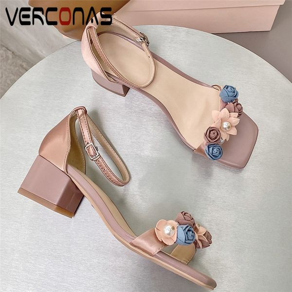 

verconas women thick heel flowers elegant classic design square toe office shoes high heeled sandals shoes woman, Black