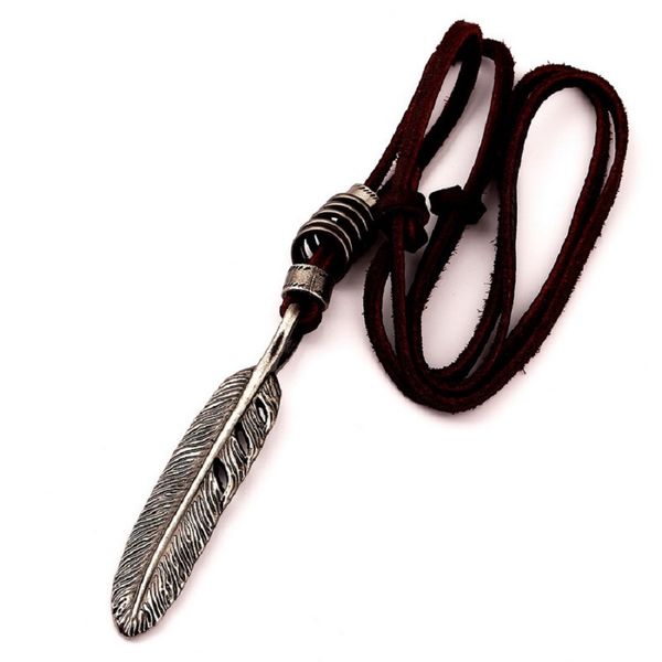 

fashion mens leather choker necklace vintage eagle feather pendant brown leather cord length adjusted 40-80 cm punk rock micro men for men, Silver