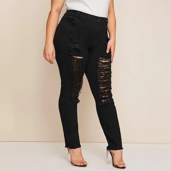 

plus size women high waisted skinny destroyed ripped hole jeans casual ladies denim trousers long stretch pants four seasons d30, Blue