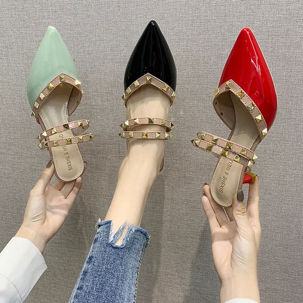 

shoes woman 2020 slippers heels slipers women rivet med slides high new thin summer rome pu retro high-heeled, Black