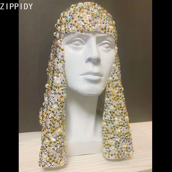 

multi-color rhinestones pearl headdress women dancer singer bar show wear dance bar celebrate beads headgear, Black;red