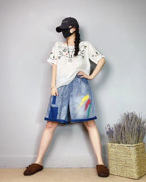 

shimmering blue female embroidery painting elastic waist high waist jeans bk4759