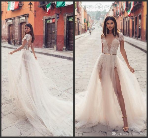 

julie vino 2019 beach wedding dresses illusion bodice lace v neck backless thigh high slits bridal gowns fashion boho wedding dress, White