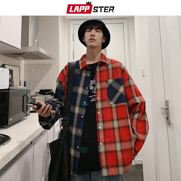 

men patchwork harajuku plaid shirts 2019 mens korean long sleeve shirts japanese streetwear casual button up, White;black