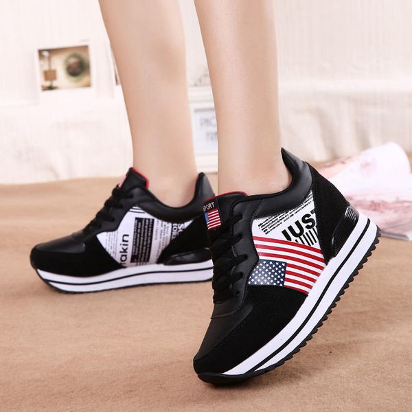 

fashion women height increasing wedges sneakers casual platforms shoes woman pu leather 8cm heel lace up sapato tenis feminino, Black