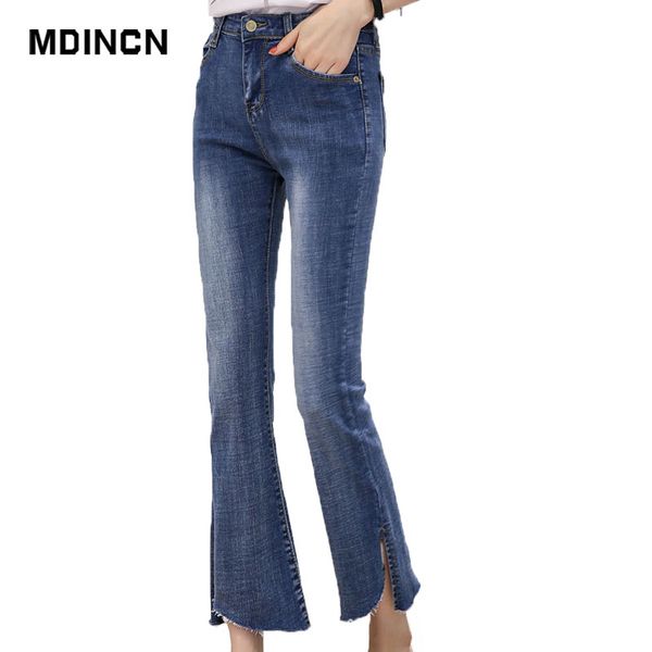

jeans for women mid waist jeans woman micro elastic stretch female washed denim skinny rippedflare pants lr5, Blue