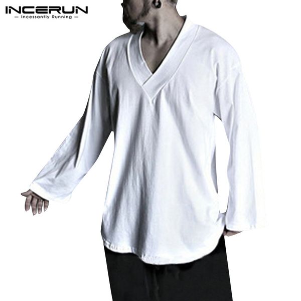 

incerun half open v-neck men's summer linen shirt slim thin long-sleeved shirt casual male 2019 new simple camisa masculina 5xl, White;black