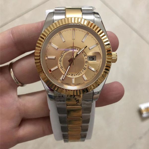 

42mm mens automatic de-well watch mechanical calendar watches stainless steel sky men business wristwatch 13812 rls, Slivery;brown