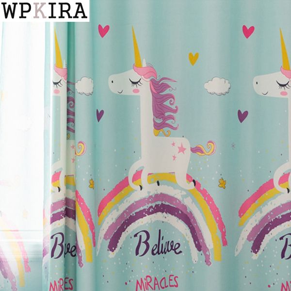 

мультфильм unicorn занавес для девушки спальни радуги дизайна printed голубого озера sheer тюль занавес blackout дети m17330