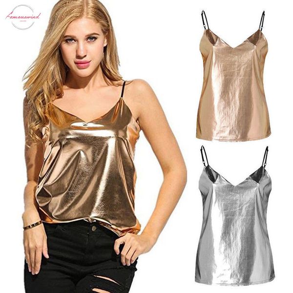 

summer new womens metallic vest camis fashion female sleeveless tank gold silver solid v neck t shirts, White