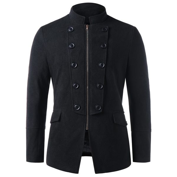 

feitong jacket men stand collar double-breasted zipper woolen windbreaker coat black men jacket, Black;brown