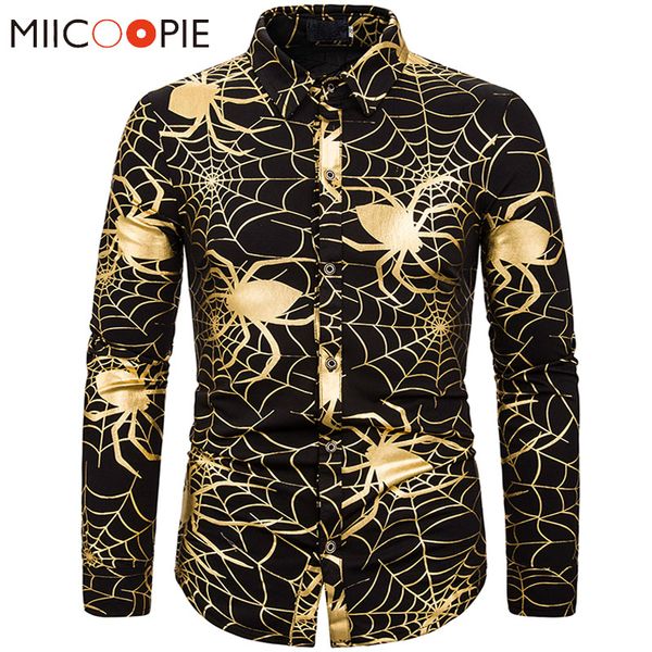 

spider web shirt men gold bronzing print streetwear 2019 brand steampunk long sleeve nightclub shirts men dress chemise homme, White;black