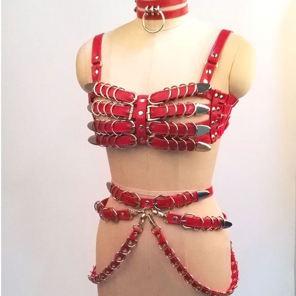 

100% handcrafted heavy duty bra women harness pu leather cosplay caged chest belt choker harness waist cincher straps, Black;white