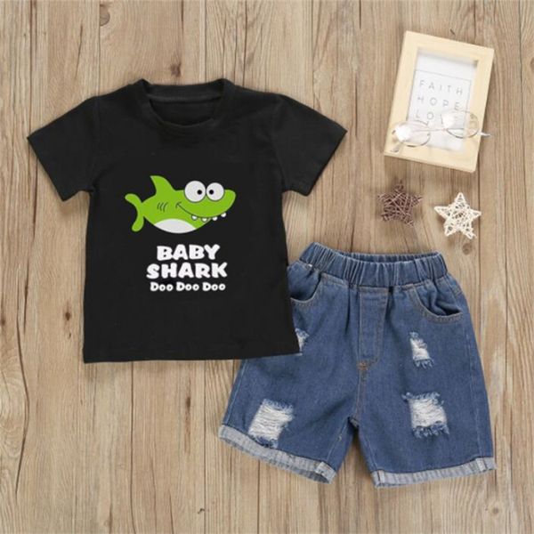 

summer kids clothes short-sleeved cartoon crocodile letter black t-shirt+denim shorts 2pcs kids designer clothes children clothing jy492, White