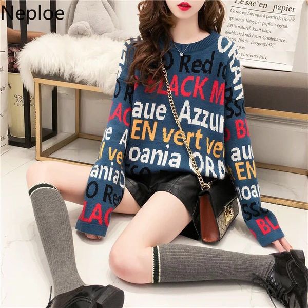 

neploe korean o neck loose pullover outwear letter embroidery sweater autumn winter bottom thick knitted pull femme 2019 warm, White;black