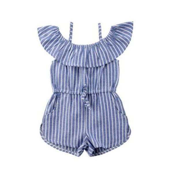 

summer toddler kids baby girls stripe off shoulder ruffle jumpsuits playsuit, Blue