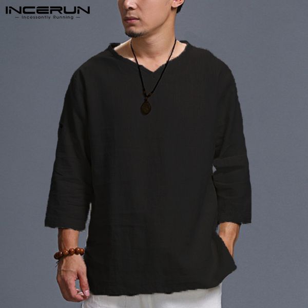 

incerun vintage men shirts loose long sleeve cotton solid color loose camisa masculina chinese style male shirts s-5xl 2020, White;black
